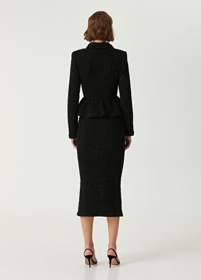 BLACK TEXTURED KNIT PEPLUM MIDI DRESS