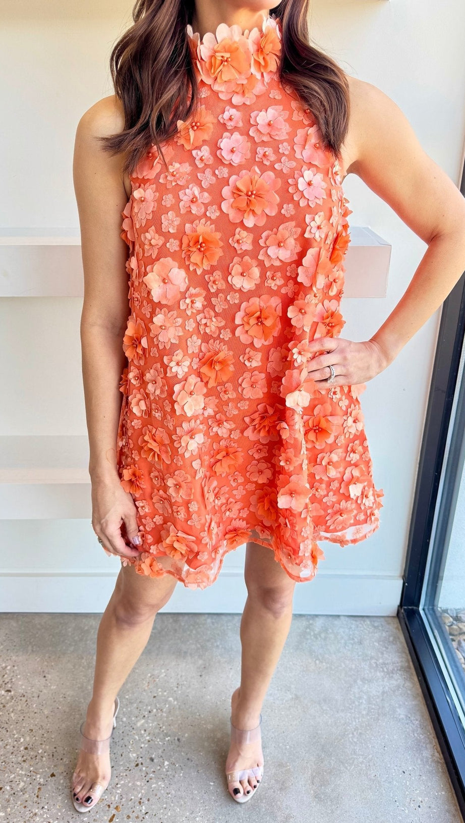 3D FLORAL BLUEBELL TRAPEZE DRESS IN ORANGE