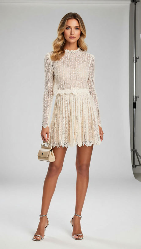 Chic Organza Lace Mini Dress | Ruffled Neck & Scalloped Details