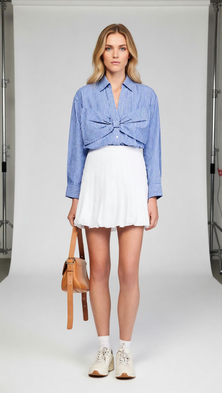 Effortless Chic: Striped Oversized Bow Cotton Blouse