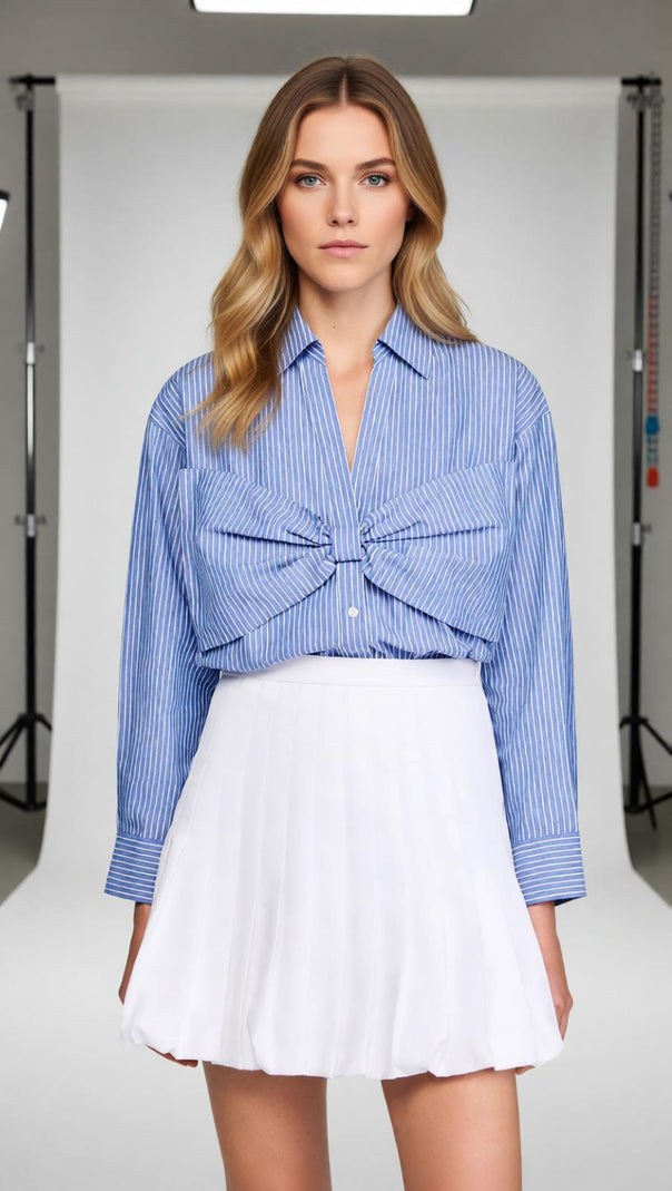 AIIZIE Effortless Chic: Striped Oversized Bow Cotton Blouse - product image