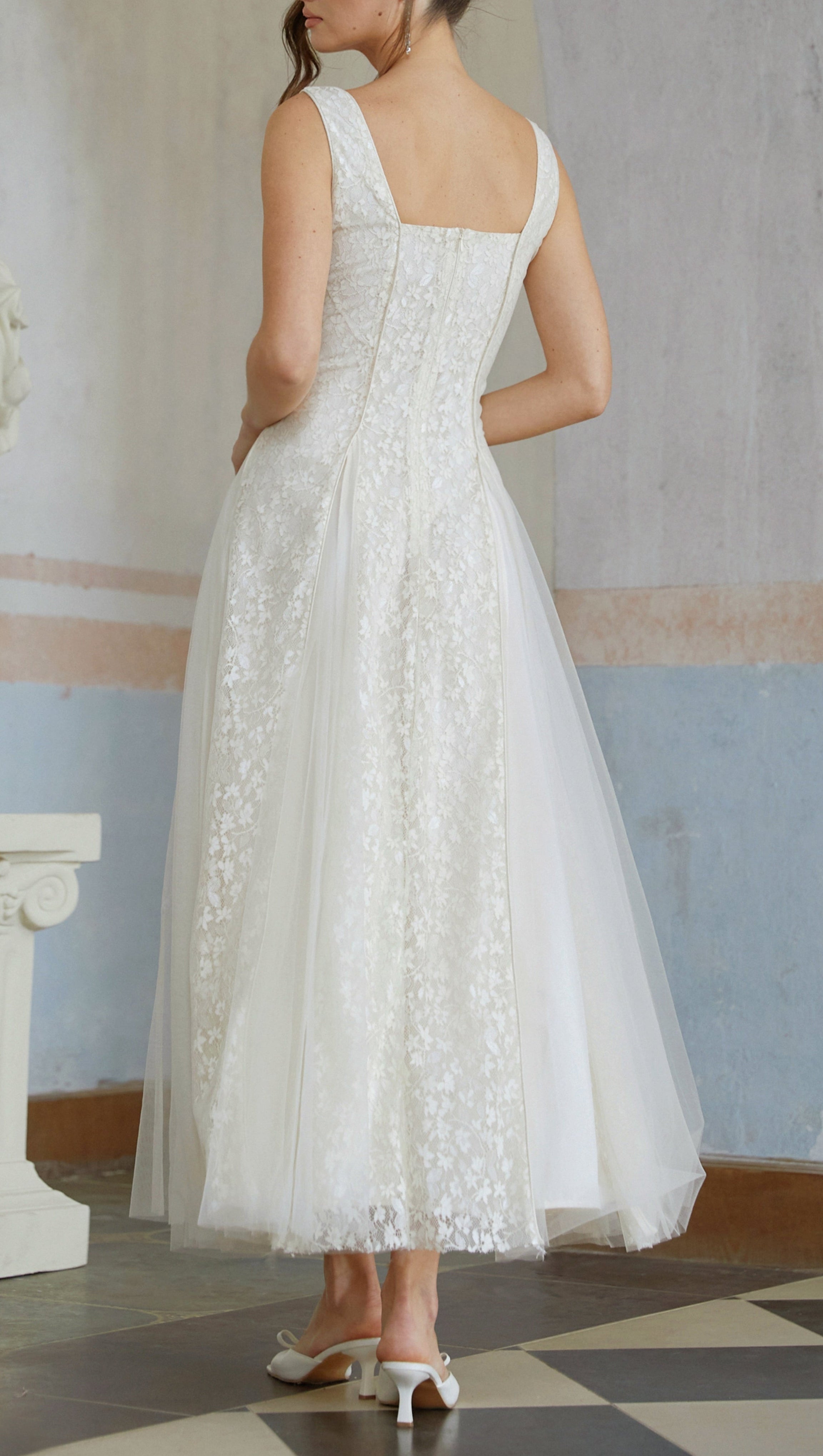 White Tulle Panel Lace Maxi Dress for Formal Events