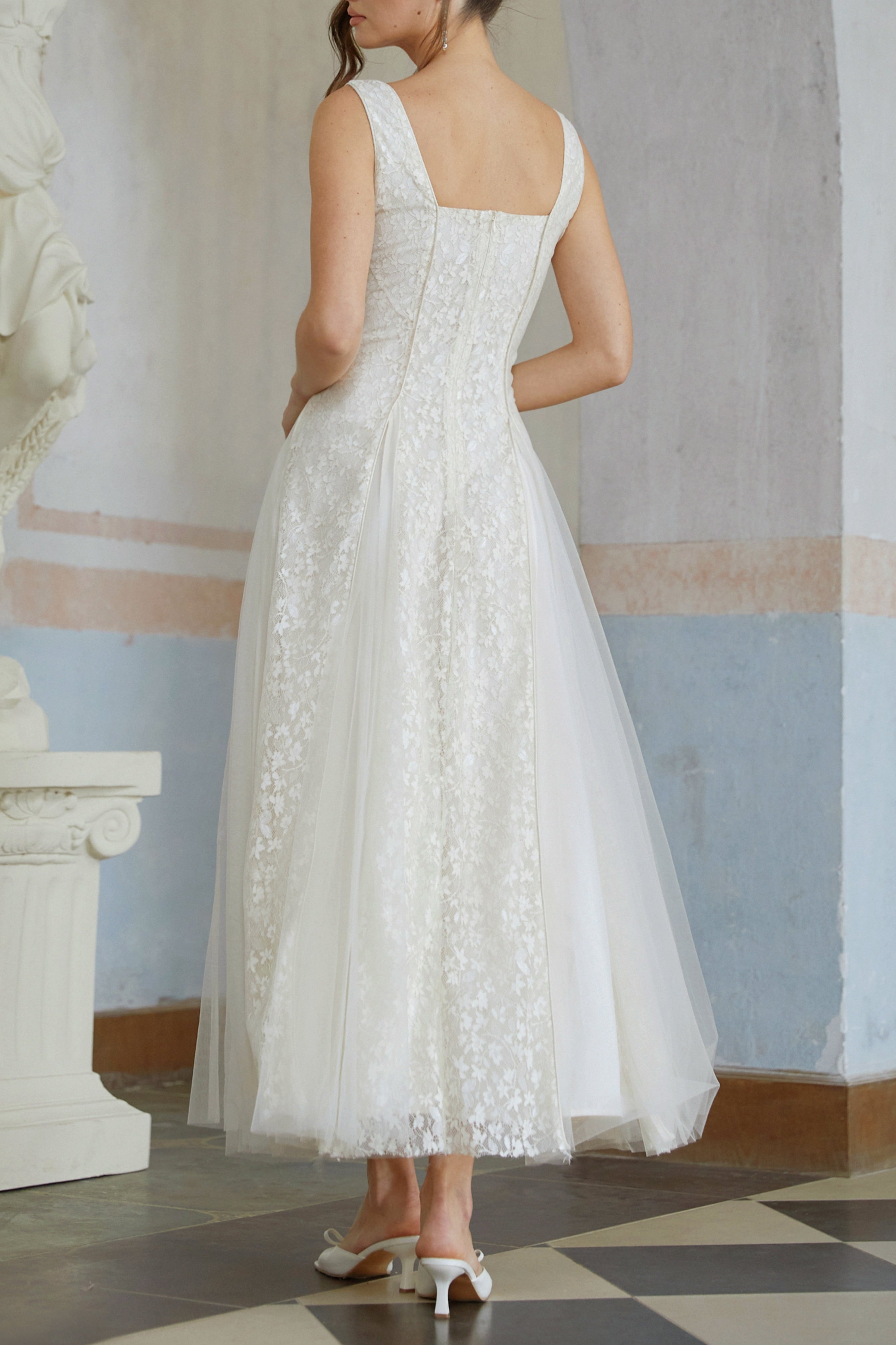 White Tulle Panel Lace Maxi Dress for Formal Events