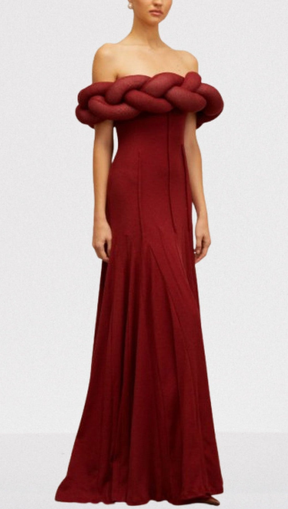 PADDED BRAIDED OFF-SHOULDER MAXI DRESS IN BURGUNDY
