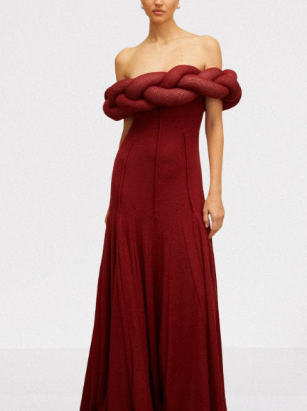 PADDED BRAIDED OFF-SHOULDER MAXI DRESS IN BURGUNDY