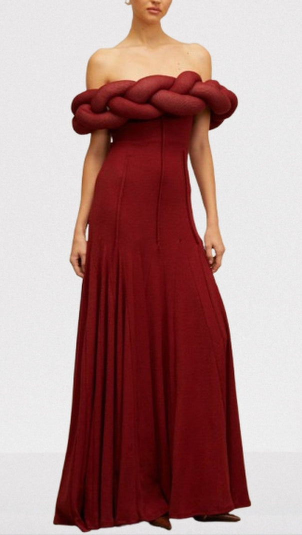 AIIZIE PADDED BRAIDED OFF-SHOULDER MAXI DRESS IN BURGUNDY - product image