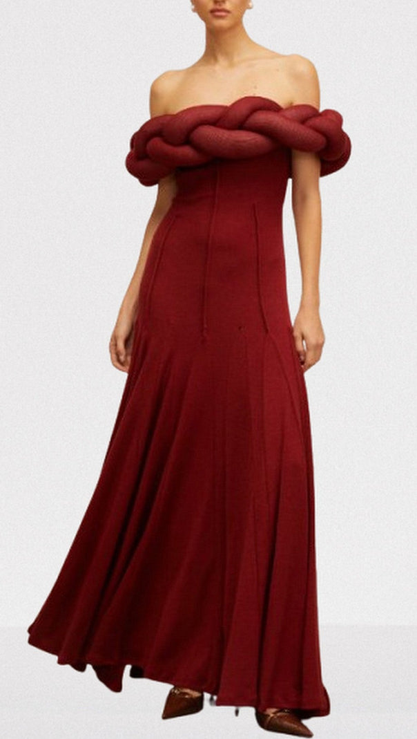 AIIZIE PADDED BRAIDED OFF-SHOULDER MAXI DRESS IN BURGUNDY - product image