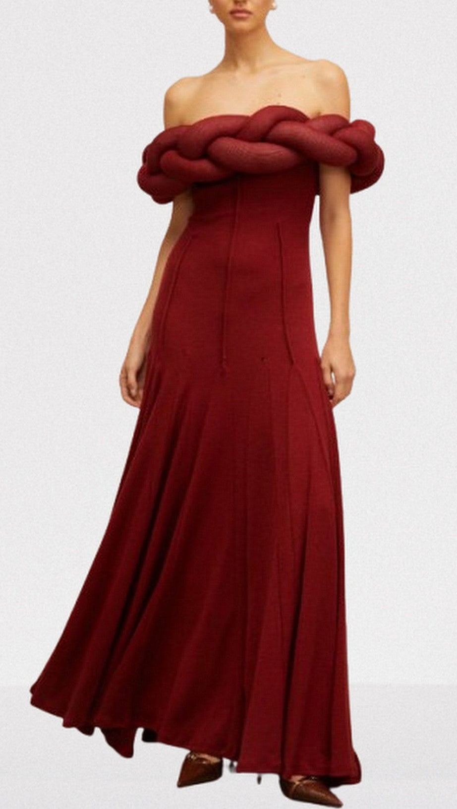 PADDED BRAIDED OFF-SHOULDER MAXI DRESS IN BURGUNDY
