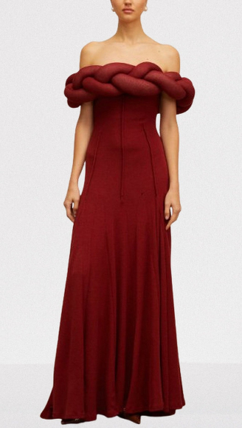 PADDED BRAIDED OFF-SHOULDER MAXI DRESS IN BURGUNDY