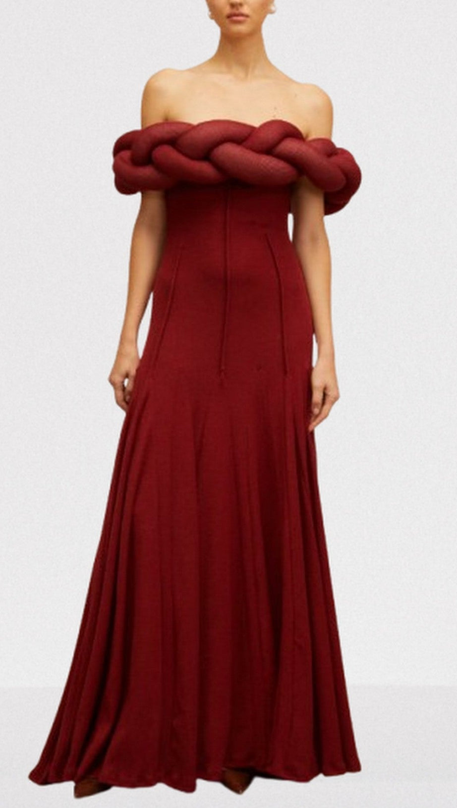 PADDED BRAIDED OFF-SHOULDER MAXI DRESS IN BURGUNDY