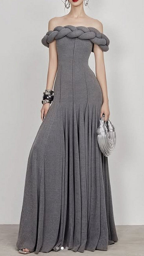 PADDED BRAIDED OFF-SHOULDER MAXI DRESS IN BURGUNDY