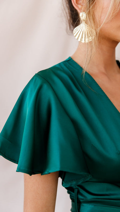 CAMI ANGEL SLEEVE FAUX WRAP DRESS JADE