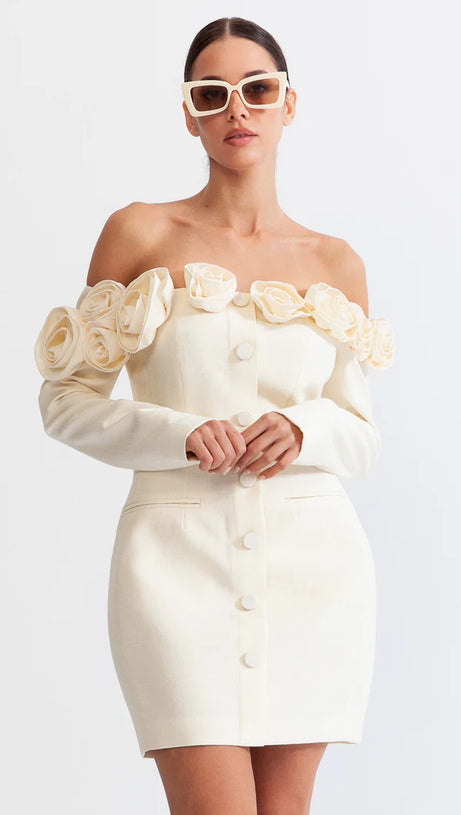 MINI ABITO ERICA 3D FLOREALE CON SPALLE SCOPERTE IN BIANCO