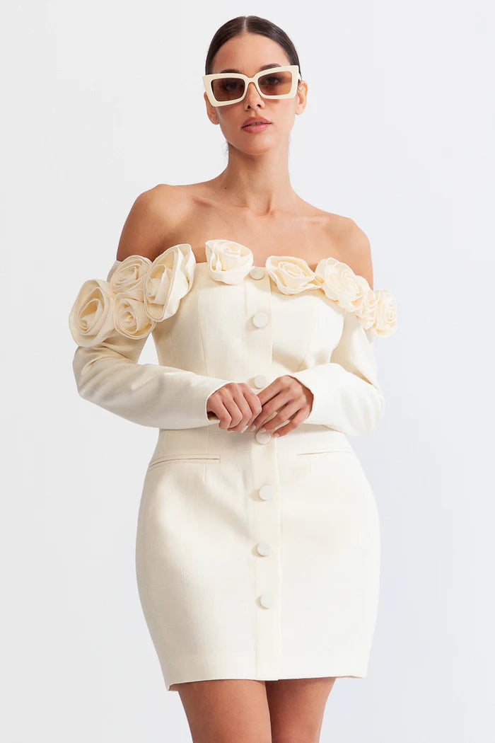 AIIZIE ERICA 3D FLORAL OFF-SHOULDER MINI DRESS IN WHITE - product image