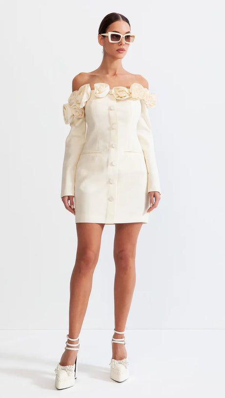 MINI ABITO ERICA 3D FLOREALE CON SPALLE SCOPERTE IN BIANCO