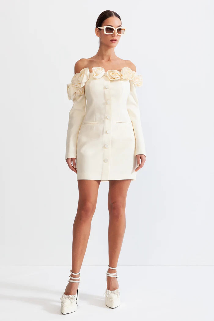 AIIZIE ERICA 3D FLORAL OFF-SHOULDER MINI DRESS IN WHITE - product image
