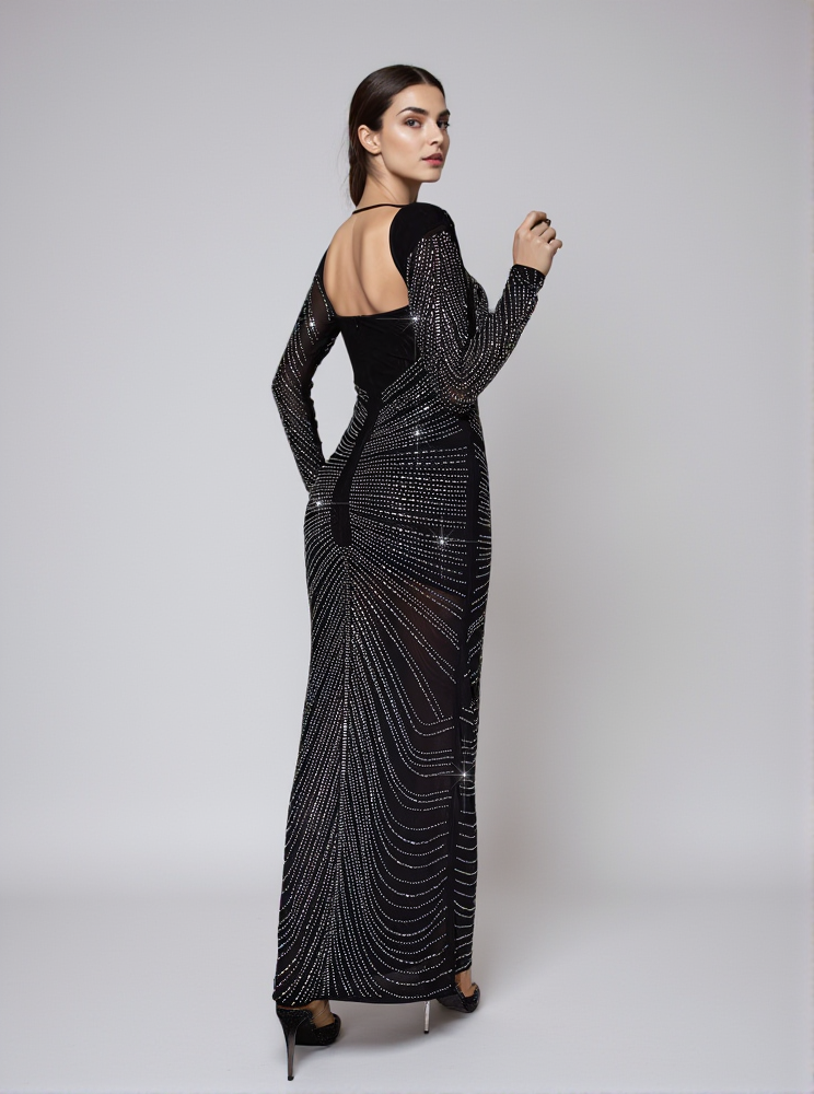 ABITO LUNGO CON CRISTALLI A MANICHE LUNGHE