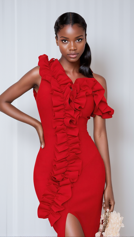 ABITO SHIRINA MONOSPALLA CON BENDAGGIO E RUCHES