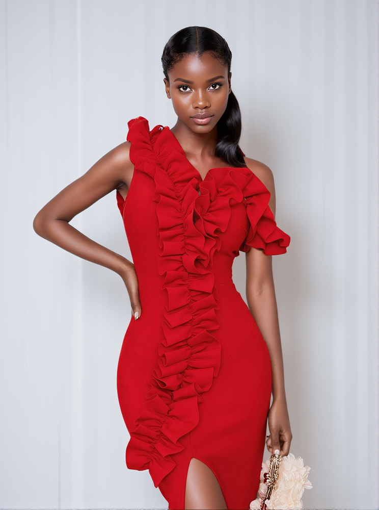 ABITO SHIRINA MONOSPALLA CON BENDAGGIO E RUCHES