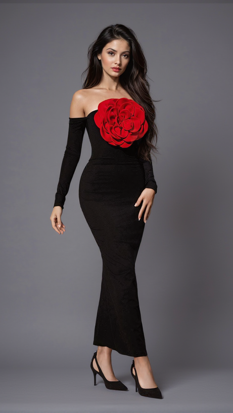 Claus schulterfreies Maxikleid mit roten Blumen