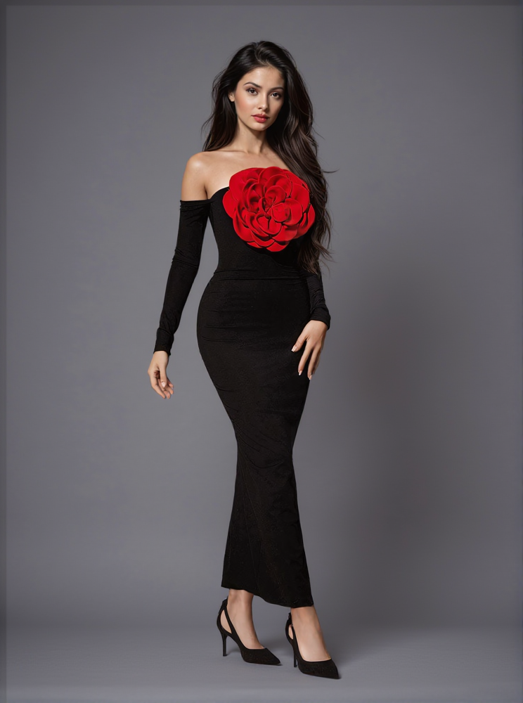 Claus schulterfreies Maxikleid mit roten Blumen