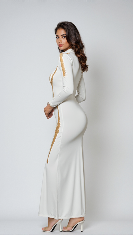 Lidal – Langärmliges Maxikleid mit Body-Print in Weiß