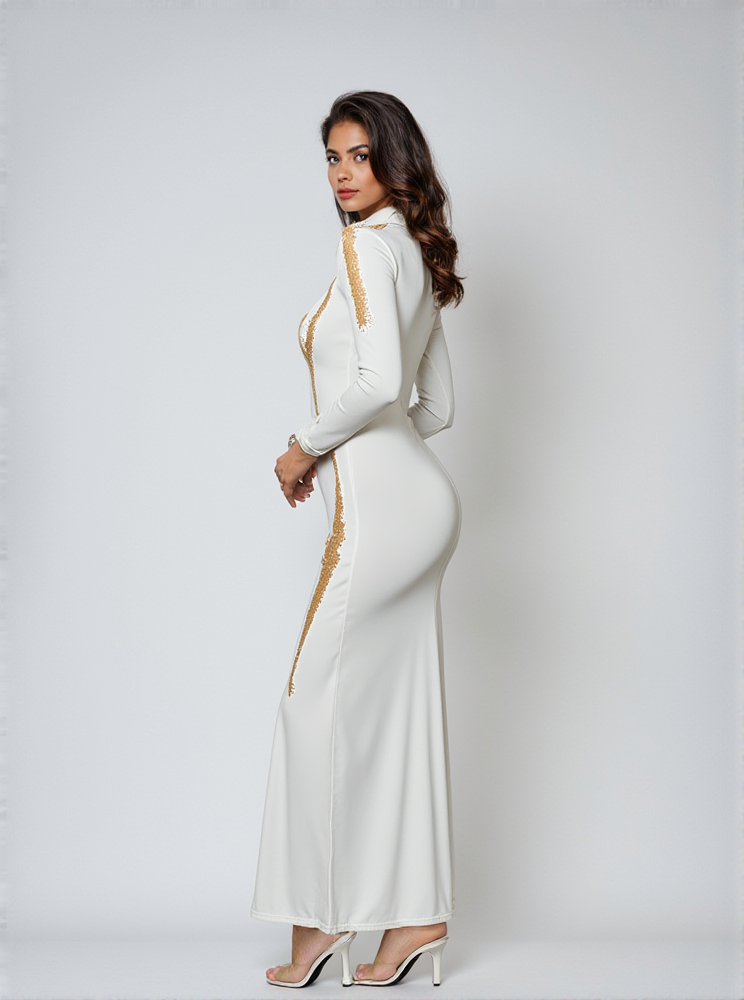 Lidal – Langärmliges Maxikleid mit Body-Print in Weiß