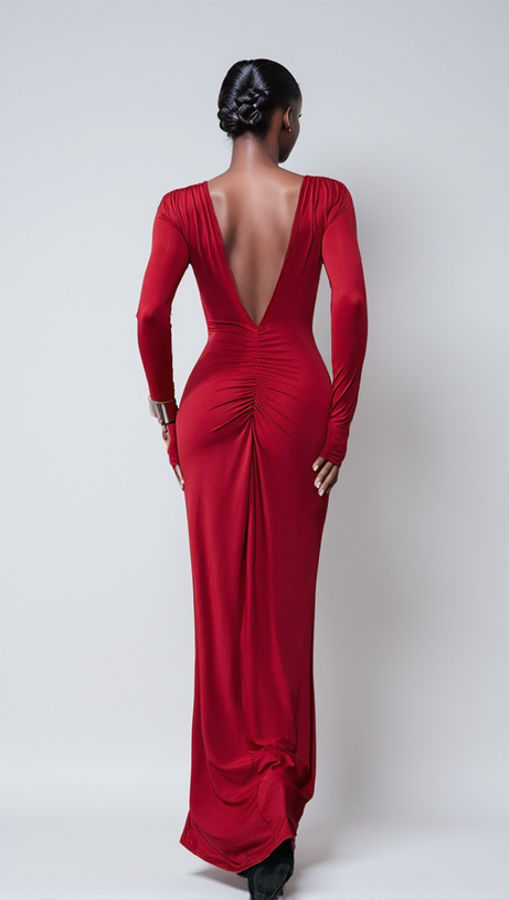 ABITO LUNGO CON SCOLLO A V E RUCHES OFIR COLOR VINO