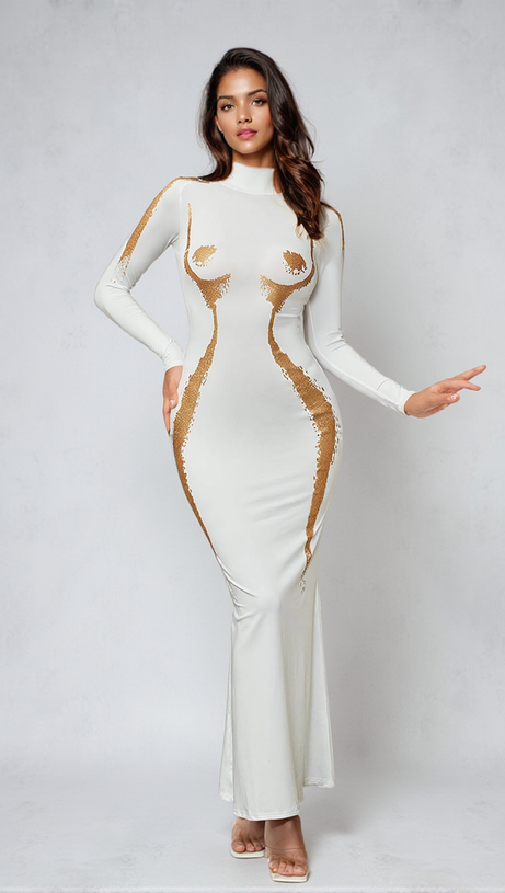 Lidal – Langärmliges Maxikleid mit Body-Print in Weiß