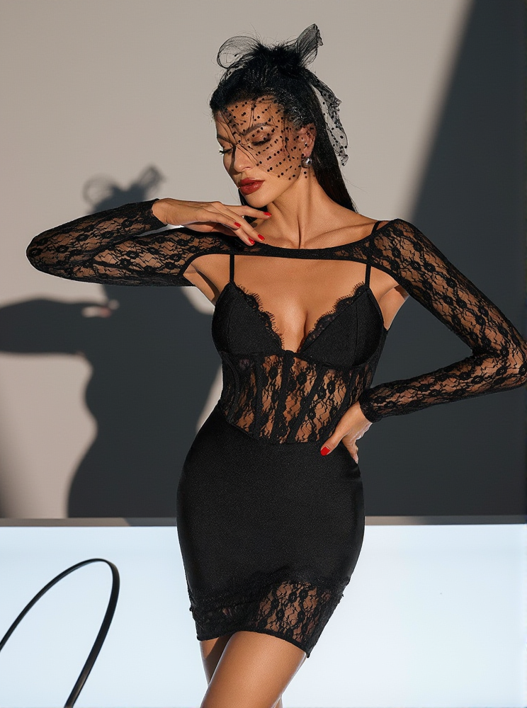AIIZIE WILBUR LACE PATCHWORK BANDAGE DRESS - product image