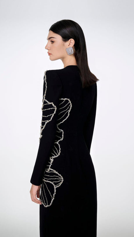 RAELYNN BODYCON LONG SLEEVE CREPE MAXI DRESS