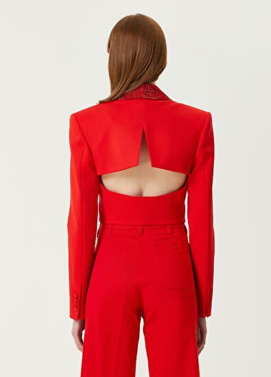 CRYSTAL-EMBELLISHED RED CROPPED BLAZER SET