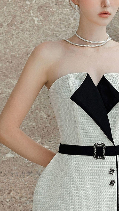 REGINA PEGGED SEMI-HEART NECK TWEED MIDI DRESS