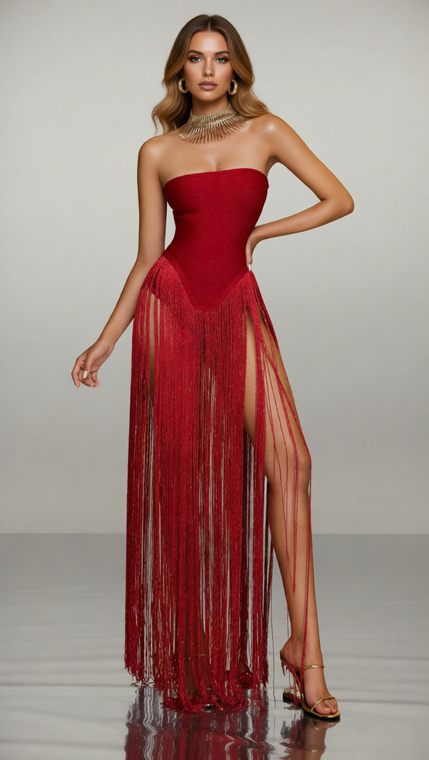 AIIZIE Showstopping Red Sparkle Strapless Fringe Bandage Maxi Dress - product image