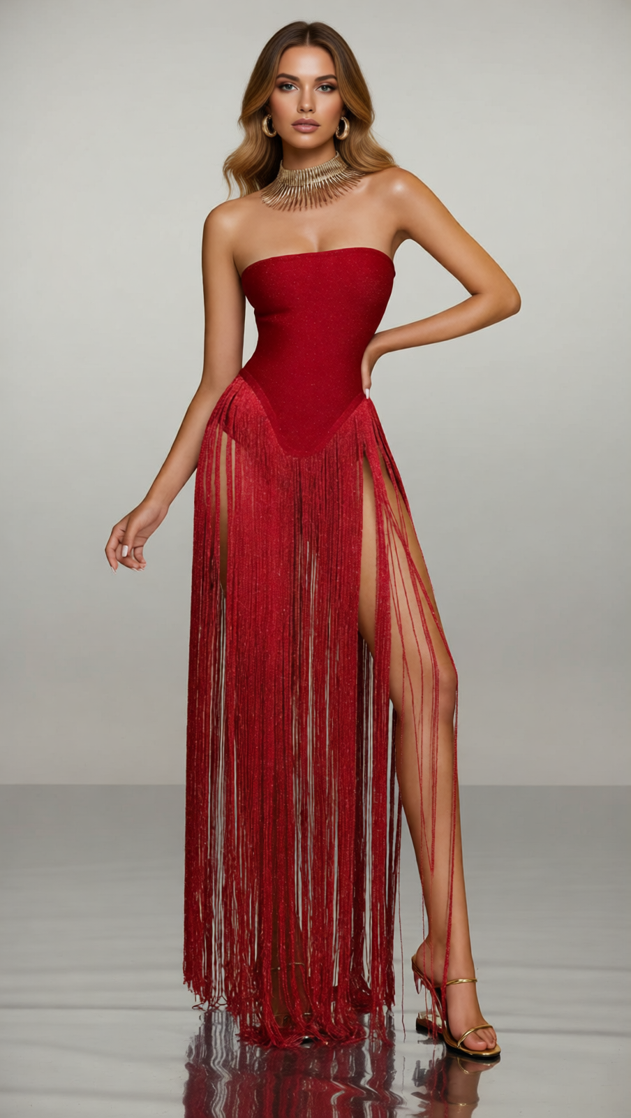 Showstopping Red Sparkle Strapless Fringe Bandage Maxi Dress