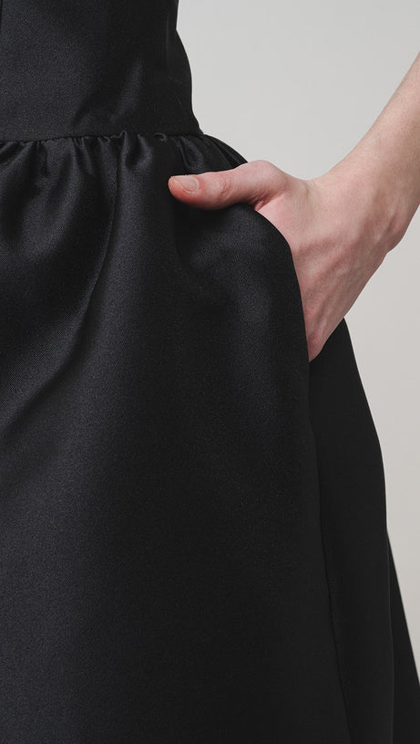 BOW-DETAIL TAFFETA MIDI DRESS IN BLACK