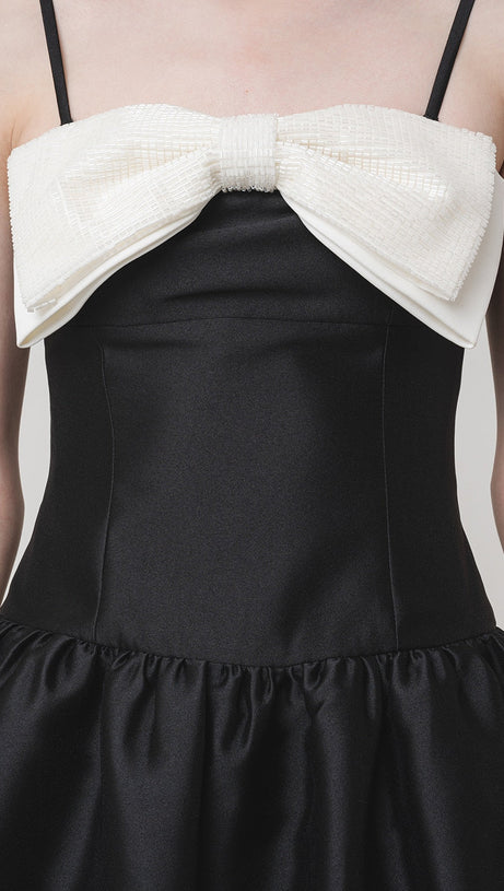 BOW-DETAIL TAFFETA MIDI DRESS IN BLACK
