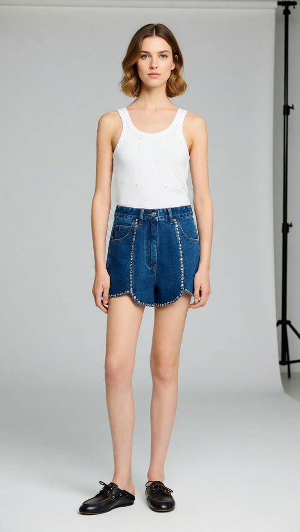 AIIZIE Sparkling Scalloped Hem Rhinestone Denim Shorts for Women - product image
