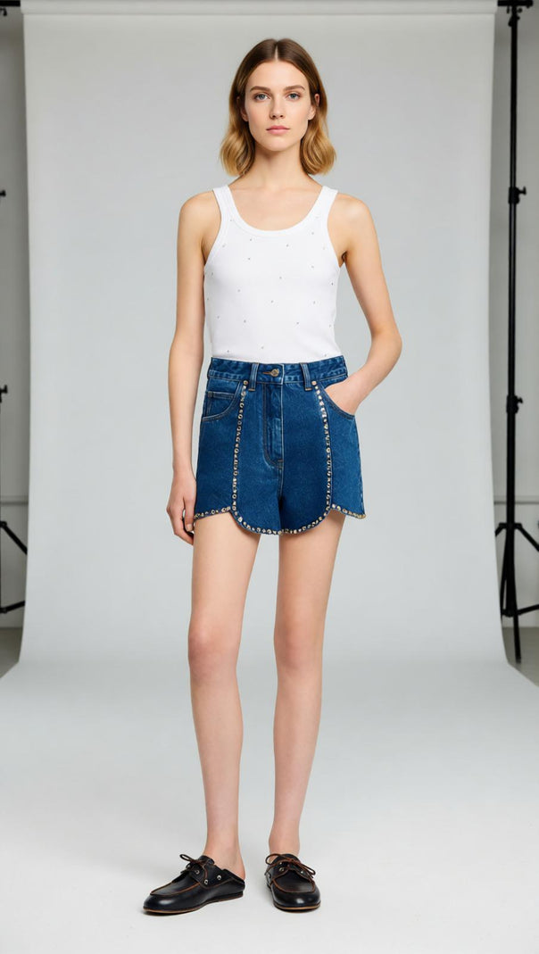 AIIZIE Sparkling Scalloped Hem Rhinestone Denim Shorts for Women - product image