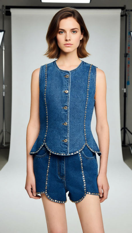 Dazzling Rhinestone Embellished Denim Peplum Top | Chic Sleeveless Glam