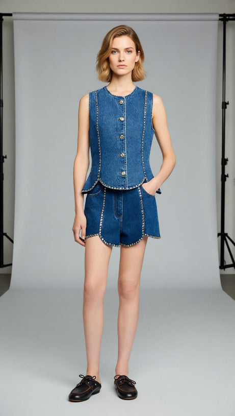 Dazzling Rhinestone Embellished Denim Peplum Top | Chic Sleeveless Glam