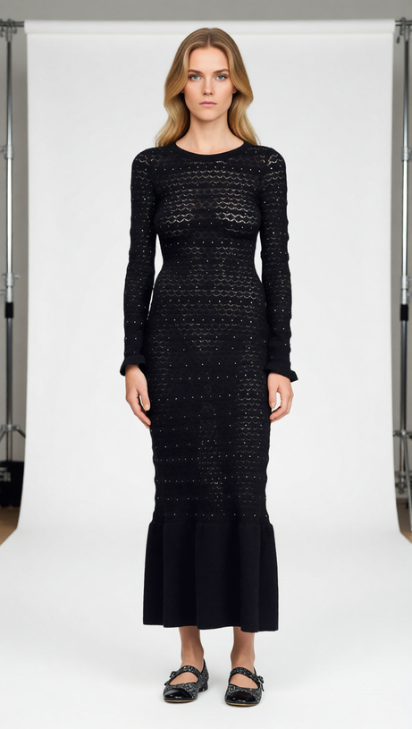 Glamorous Rhinestone Knit Maxi Dress with Ruffle Hem