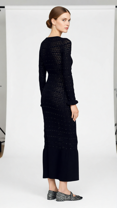 Glamorous Rhinestone Knit Maxi Dress with Ruffle Hem