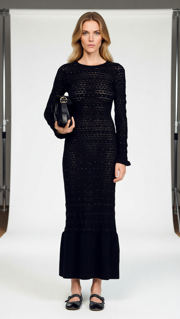 AIIZIE Glamorous Rhinestone Knit Maxi Dress with Ruffle Hem - product image