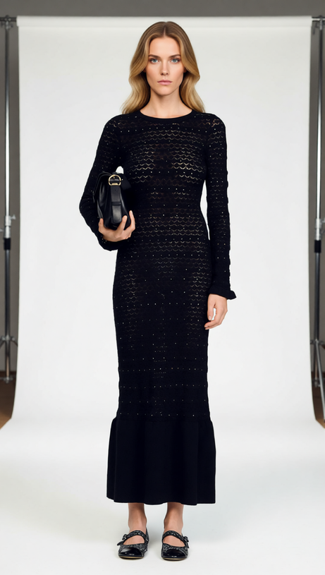 Glamorous Rhinestone Knit Maxi Dress with Ruffle Hem