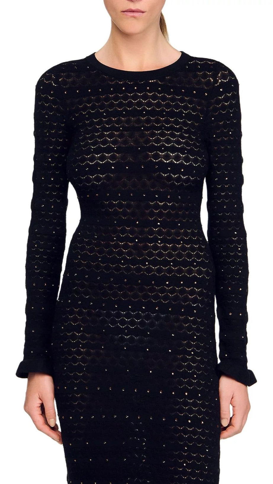 Glamorous Rhinestone Knit Maxi Dress with Ruffle Hem