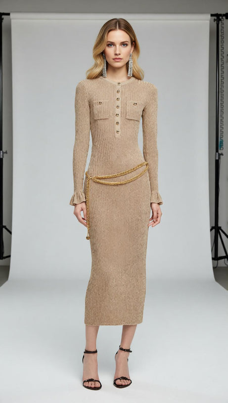 Shimmering Gold Ribbed Knit Midi Dress with Chic Chain Belt