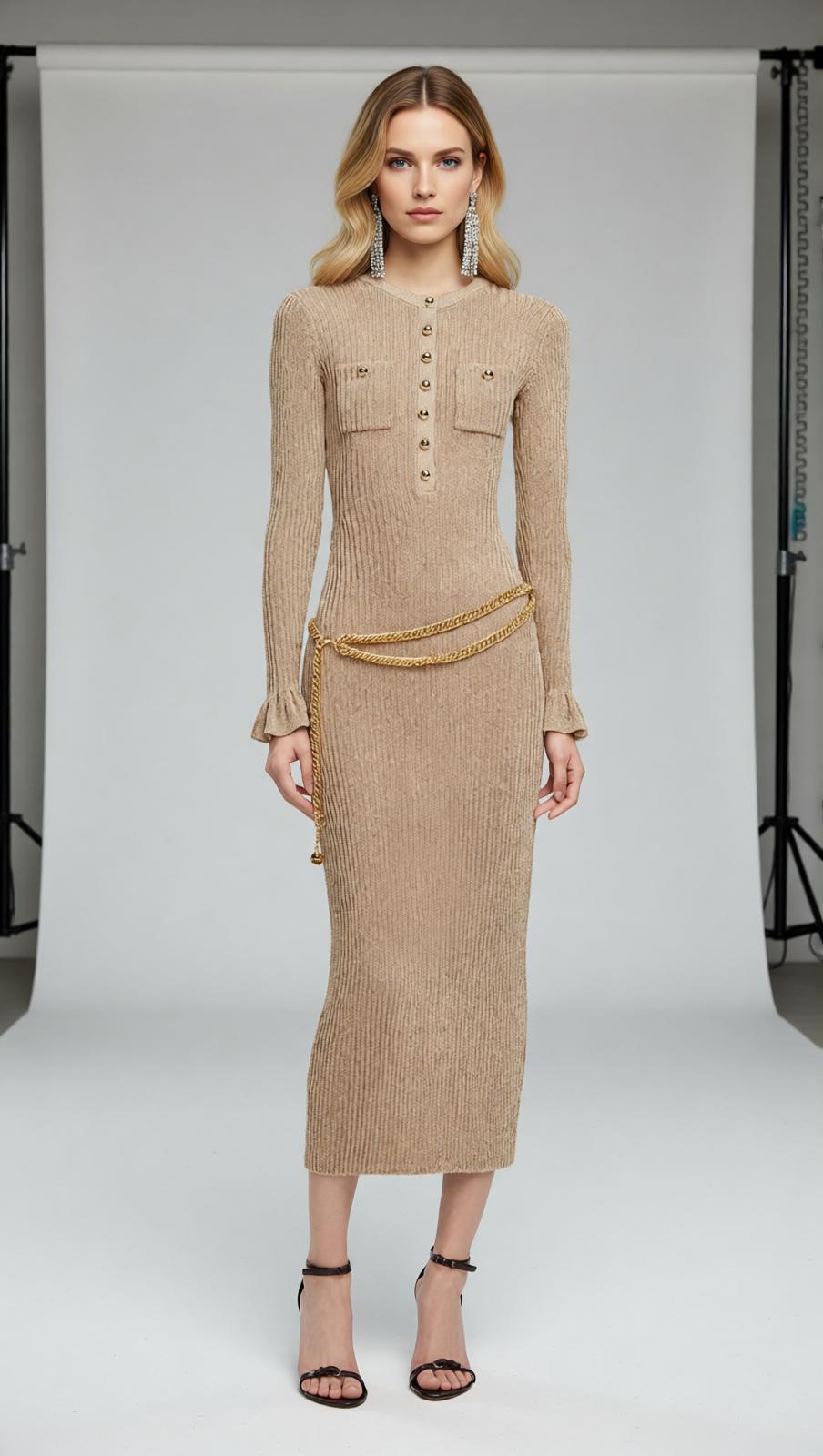 Shimmering Gold Ribbed Knit Midi Dress with Chic Chain Belt