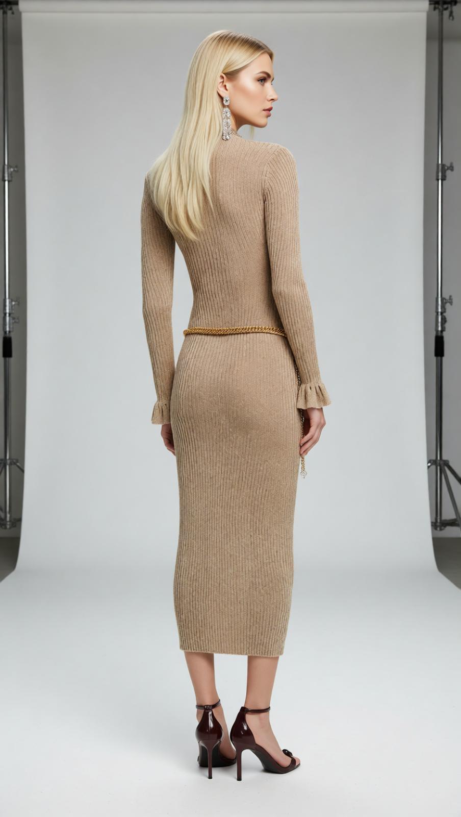 Shimmering Gold Ribbed Knit Midi Dress with Chic Chain Belt
