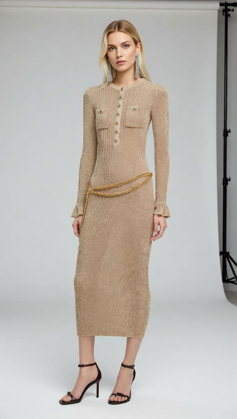 Shimmering Gold Ribbed Knit Midi Dress with Chic Chain Belt
